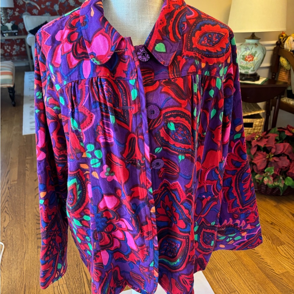 Choices‎ women’s 2x Vibrant Paisley floral 3 button jacket denim artsy teacher